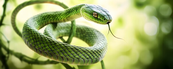 Fototapeta premium Vibrant green snake coiled on branches with tongue extended