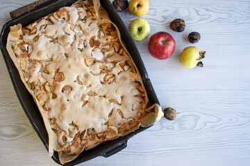 Homemade apple cake with a golden crust in a baking tray, placed on a rustic white wooden table...