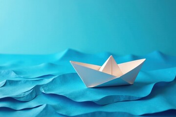 A small origami paper boat floats gently on a tranquil, blue, wavy surface, symbolizing hope, journey, and the pursuit of dreams.