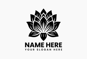 Elegant black lotus flower icon in vector format, stylized plant silhouette isolated on white background for wellness, spa, and nature branding 