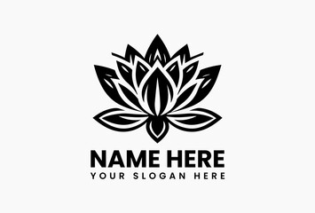 Elegant black lotus flower icon in vector format, stylized plant silhouette isolated on white background for wellness, spa, and nature branding 