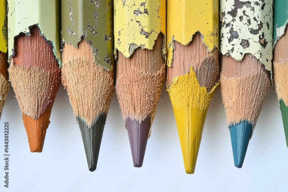 Poster macro shot of colorful worn pencils art supply showing texture and detail in a row on white backgrou