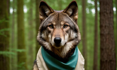 Fototapeta premium Close-up photo of a wolf wearing a scarf, perfect for use in wildlife or fashion designs