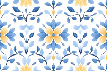 Seamless pattern of stylized blue and yellow flowers and leaves on a white background, creating a symmetrical, floral design