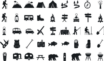 Camping, outdoor adventure icon set. Vector glyph pictograms of eco-tourism, tent, backpack, campfire, compass, kayak, hiking, travel