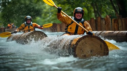 Kayakers navigating rapids on wooden logs in nature