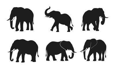 Elephant silhouette collection, wild animal shapes, safari art, majestic mammals, vector illustration