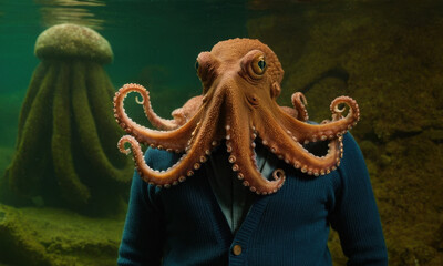 A person wearing a business suit and holding an unusual headpiece featuring an octopus