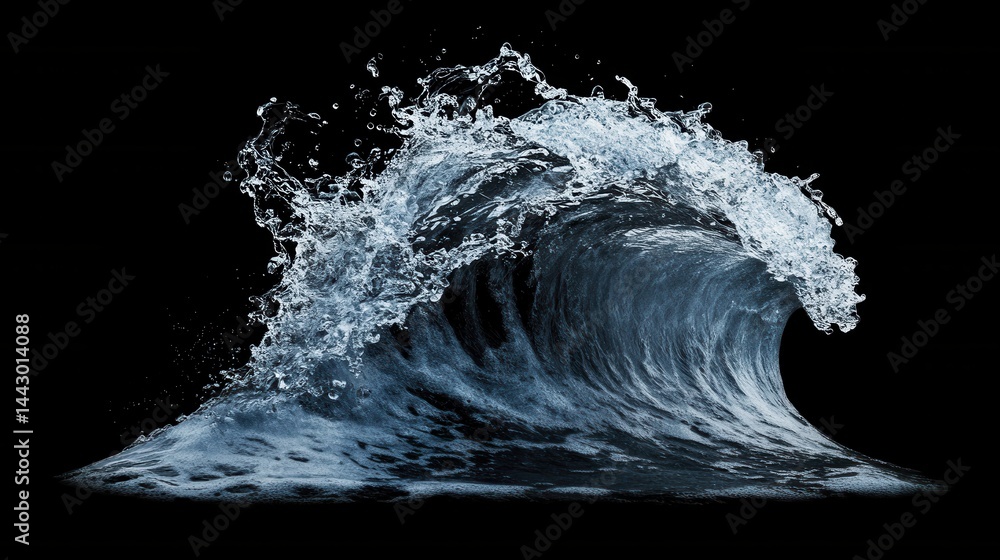 Poster captivating wave cresting against a stark black backdrop showcasing dynamic movement fluid texture a