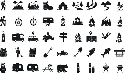 Camping, outdoor adventure icon set. Vector glyph pictograms of eco-tourism, tent, backpack, campfire, compass, kayak, hiking, travel