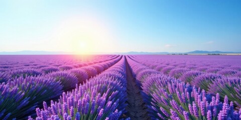Fototapeta premium Serene Lavender Field at Sunrise, Rows of Purple Blossoms Extending to a Distant Horizon Under a Clear Sky