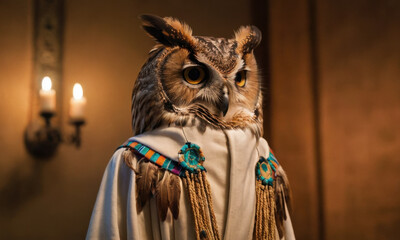 Native-inspired owl holding a candle, great for mystical or cultural themes