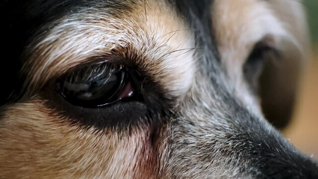 An old dog eye close-up. Sad hopeful look. Soulful gaze looking for thoughtfully. Stray street animal looks at people passing by. Sorrow pet. Bored doggy waiting for an owner. High quality 4K footage.