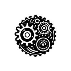 Symbolic Black and White Abstract Gears Illustration: Mechanical System and Organic Elements
