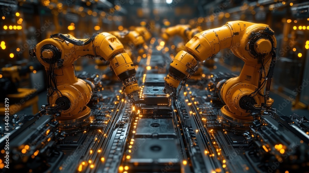 Poster futuristic factory: robotic assembly line in action
