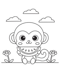 Coloring book monkey enjoying a slice of watermelon among the flower