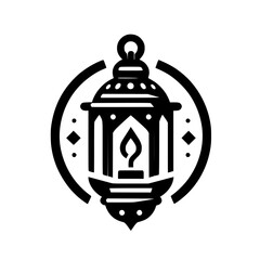 Minimalist Black Islamic Lantern Icon with Flame and Circular Detail