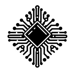 Minimalist Abstract Black Tech Icon - Digital Chip with Circuit Board Pattern Illustration Symbol