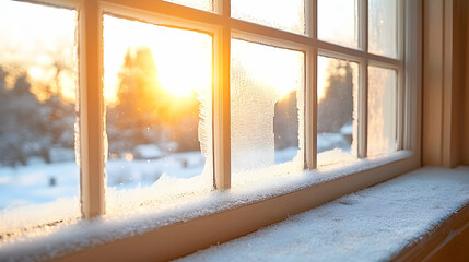 Frosty winter window pane with sunlight streaming through, showcasing a snowy winter landscape.  Perfect for winter, holiday, or seasonal themes.