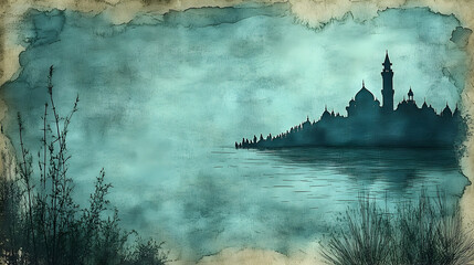 Silhouette of a city on the horizon across water amidst lakeside vegetation