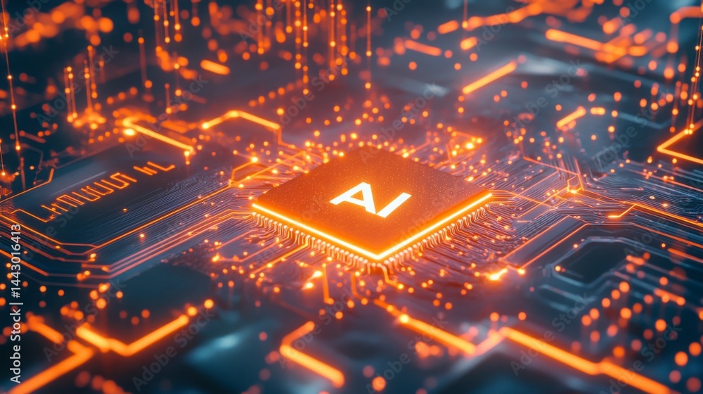 Poster advanced artificial intelligence microchip on orange circuit board