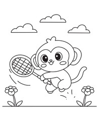 Coloring book monkey playing tennis with a racket among flowers under the cloud