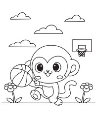 Coloring book cute monkey dribbling a basketball among flowers 