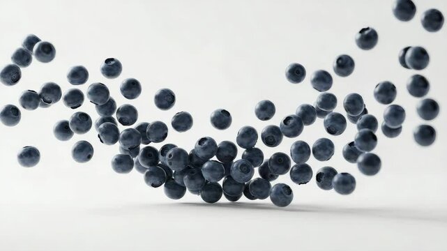Fresh Blueberries Falling in Slow Motion - A wave of ripe blueberries cascades against a clean white background. The image showcases the vibrant dark blue hue and plump texture of the berries.  The bl