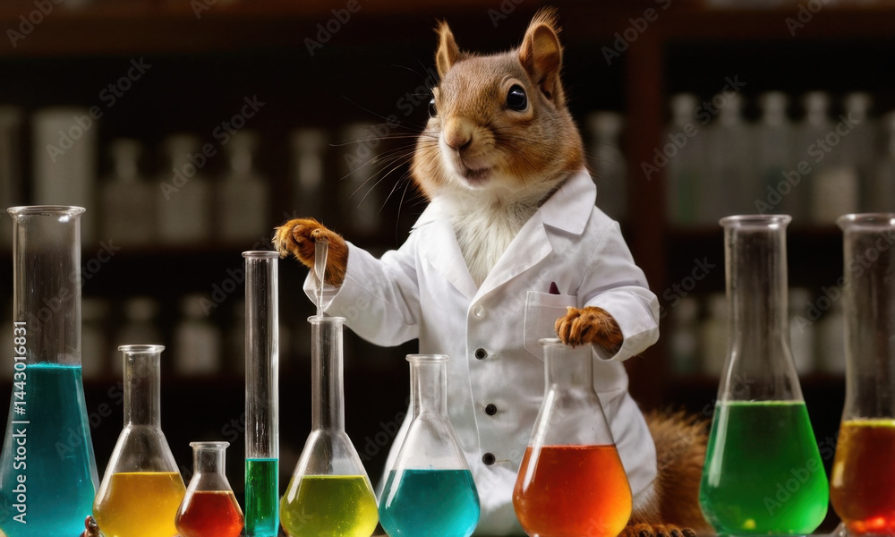 Aufkleber a curious squirrel wearing a lab coat and standing in front of a row of test tubes