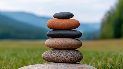 Balanced Stack of Speckled Stones in a Serene Field