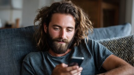 Obraz premium Curly-haired man sits comfortably on a couch, focused on his smartphone. The cozy living room around him exudes warmth, creating a tranquil atmosphere for relaxation and connection