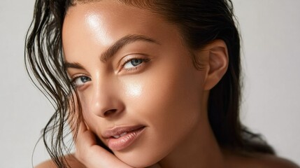 Fototapeta premium A woman with long hair and a tan complexion is smiling and looking at the camera