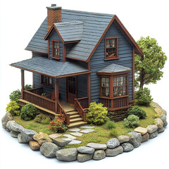 charming model house with detailed exterior, surrounded by lush greenery and stones