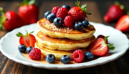 Fluffy pancakes topped with assorted fresh berries on a white plate, delicious, berries, morning