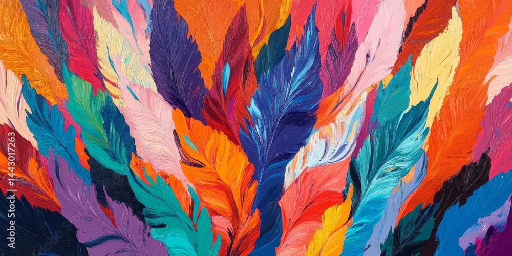 Poster vibrant feathers in an array of colors, forming a colorful pattern