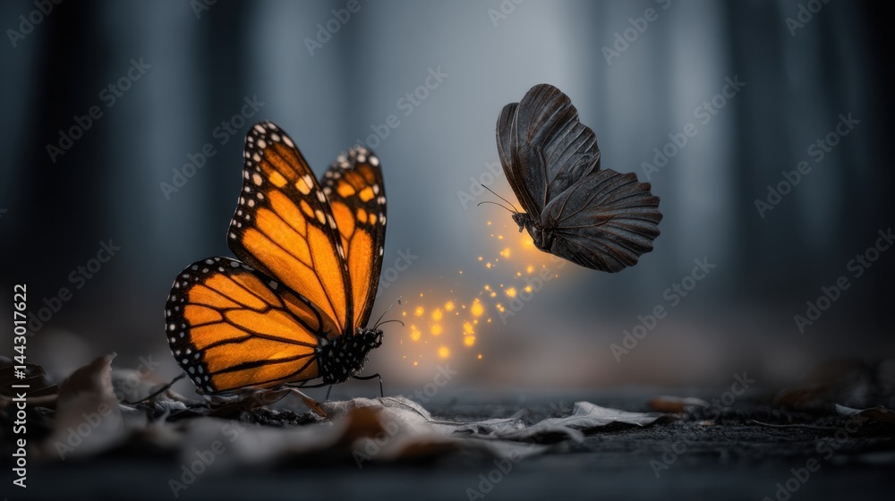 Poster captivating monarch butterfly encounter in a mystical forest setting with soft focus and ethereal gl