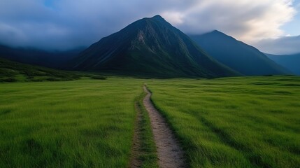 A tranquil trail winds through a lush meadow, leading to a majestic mountain peak