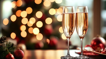 Elegant Champagne Glasses in Festive Celebration Setting, Two champagne flutes filled with the bubbly golden liquid are placed on a festive table decorated with twinkling lights in the background.
