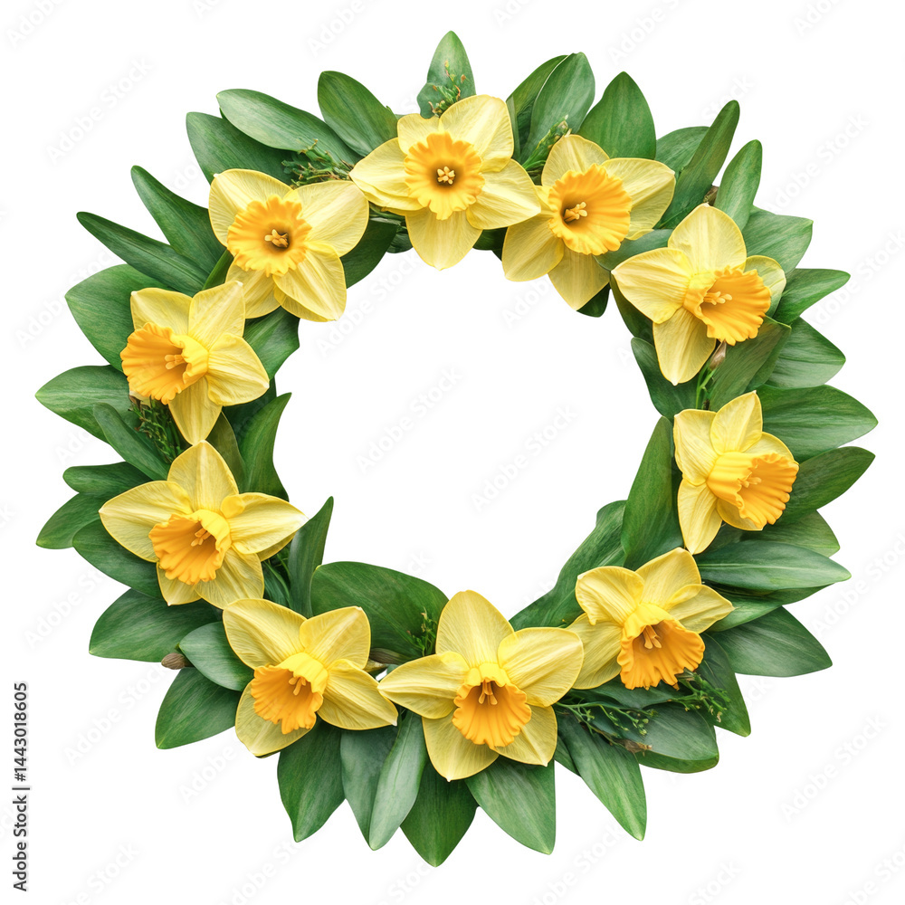 Poster elegant floral arrangement of daffodils and verdant leaves forming a circular frame for design eleme