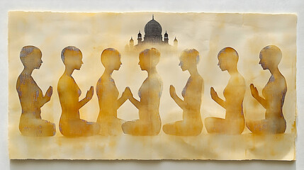 Silhouettes in prayerful poses with a building backdrop rendered in a textured aged style
