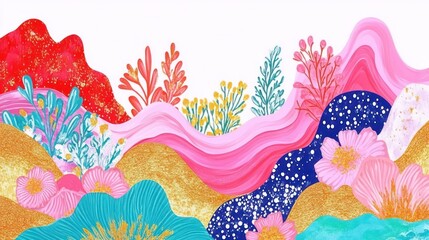 Obraz premium A vibrant abstract illustration featuring colorful waves, flowers, and gold accents.
