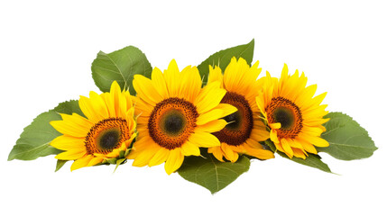Obraz premium Radiant row of sunflowers with luminous petals and vibrant green leaves isolated on transparent canvas