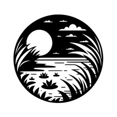 Minimalist Nature Silhouette in Circle: Tranquil Pond Scene with Sun, Water, Reeds, and Clouds. Black and White Graphic Design Element