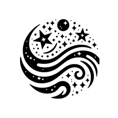 Black & White Celestial Graphic: Abstract Circle Design with Stars, Crescent Moon & Swirls. Minimalist, Mystical, Cosmic Symbol.