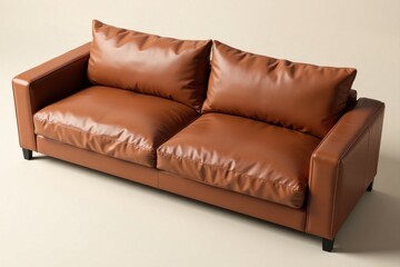 Fototapeta premium Luxurious Brown Leather Sofa with Deep Seating and Clean Lines, Ideal for Modern Living Spaces