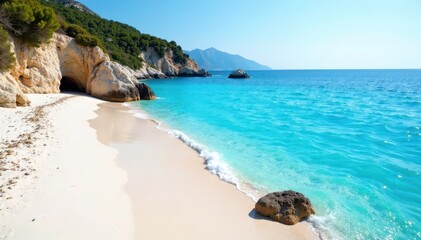 Fototapeta premium Sunny blue waters reflect off white sandy shore of Livadi beach in Ikaria island, sand, ikaria