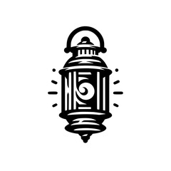 Classic Black and White Lantern Illustration. Minimalist Graphic Vector Icon of a Lamp with Light Glow. Simple Design Element Isolated on White Background.