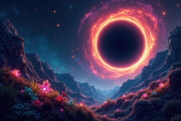 A fiery ring encircles a dark celestial body above a valley of bioluminescent flora and dramatic mountains under a starlit night sky.