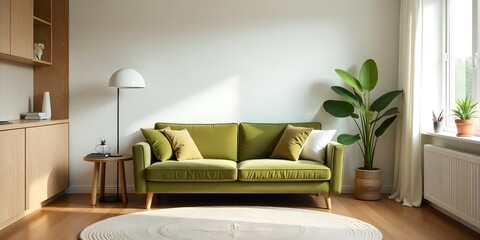 Modern Living Room Interior: Green Sofa and Natural Light