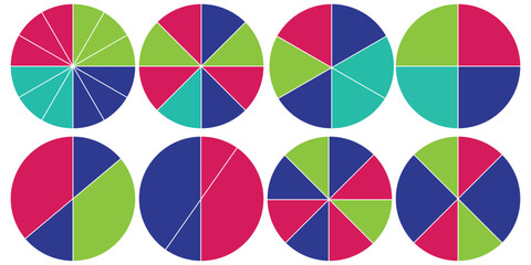 Pie charts diagrams. Different color circles. donut and pie chart infographic elements set. Colorful diagram collection with. Circle icons for infographic.